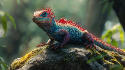 Vibrant lizard resting on a mossy rock.