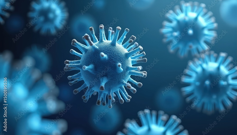 Poster Microscopic view of virus cells in blue tones. Detailed 3D rendering of pathogen cells structure. Concept image for medical science publications about pandemic influenza, coronavirus, infection,