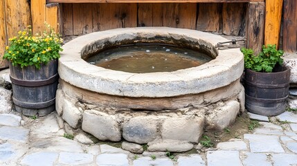 Fototapeta premium Ancient Stone Well with Water and Flowers Rustic Village Well