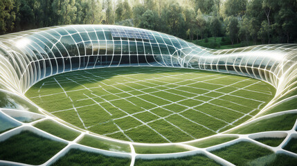 Futuristic transparent stadium representing innovation and sustainability
