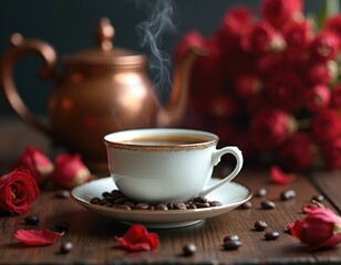 Fototapeta premium Steaming cup coffee, beans on rustic wooden table. Red roses and teapot add to the cozy, romantic morning vibe. Cafe or home breakfast beverage photo.