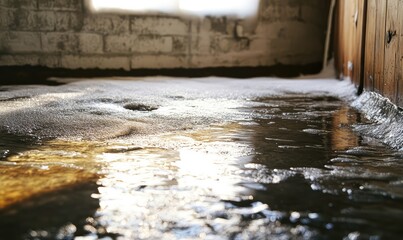 Flooded basement from snowmelt or burst pipe, water damage concept. AI generated illustration.