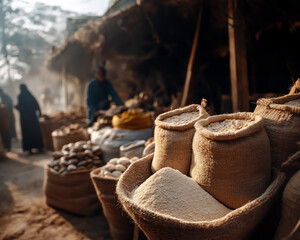  Food sacks in dusty open market with local people in background