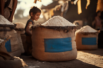 Child playing near sacks of flour marked Ukraine Aid in refugee camp