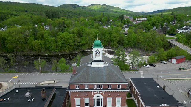Drone View of Historic Town Hall with Clock Tower in Small New England Town, drone 4K