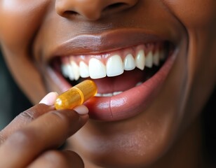 Fototapeta premium Close-up of smiling woman taking vitamin pill. Healthy teeth, dental care. Oral hygiene routine, beauty treatment. Hand with finger near mouth. Healthcare, medication, wellness concept.