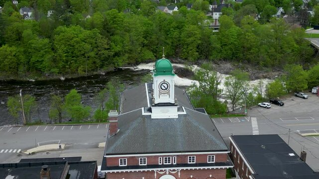 Drone View of Historic Town Hall with Clock Tower in Small New England Town, drone 4K