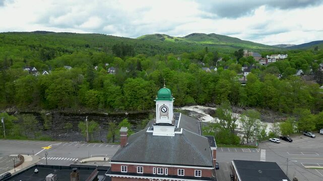 Drone View of Historic Town Hall with Clock Tower in Small New England Town, drone 4K