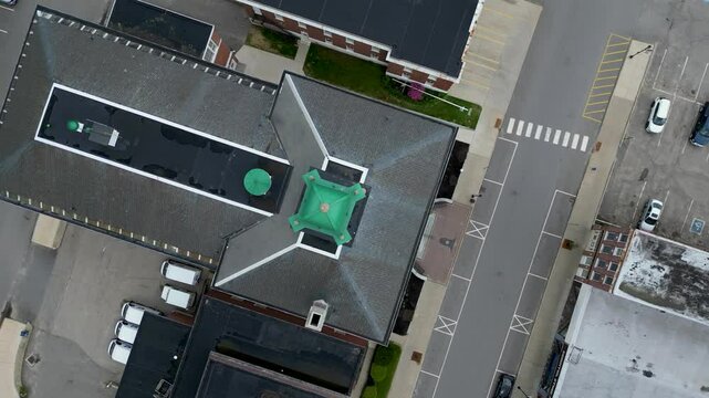 Drone View of Historic Town Hall with Clock Tower in Small New England Town, drone 4K