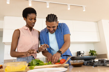 Preparing Diverse couple chopping leafy greens on cutting board at kitchen island, with glass bowl