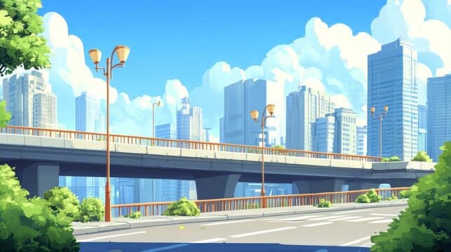 Highway bridge in cartoon urban landscape with modern skyscrapers, street lamps, green bushes, residential buildings on bright blue sky. Cityscape panorama, clean empty roadway for game background