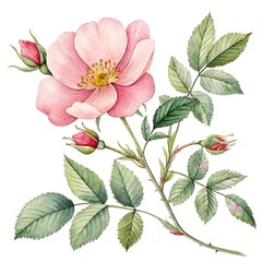 Pink Wild Rose Watercolor with Leaves Isolated on White background