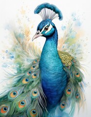 Fototapeta premium Prächtiger Pfau – Aquarell in sanften, leuchtenden Pastelltönen