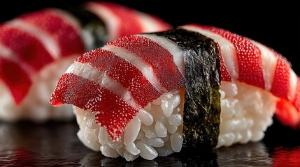 Red-striped sushi, close-up, dark background, restaurant