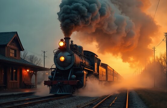 Vintage steam train departs station, billowing cloud of steam, bright sunset sky. Antique locomotive prepares for departure, rail transport. Old vehicle, travel by rail, freight, historical, power.
