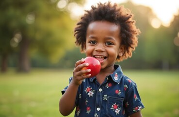 Smiling 4 year old mixed race child eating red apple outdoors. Happy kid enjoys healthy snack in park during summer vacation. Natural light, sunny day. Childhood joy.
