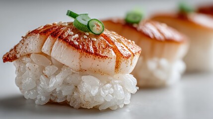 Seared scallops sushi, close-up, restaurant, bokeh background, menu