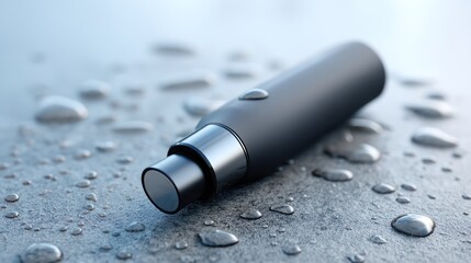 Sleek device, wet surface, bokeh background, product shot