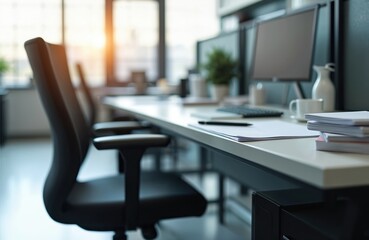 Fototapeta premium Modern office workspace with computer monitor, ergonomic chair, minimalistic design. Clutter-free desk with neatly stacked papers. Efficient, organized environment, ideal for work. Corporate culture.