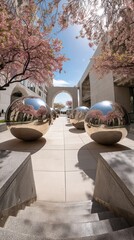 Spring Courtyard Metal spheres reflect blossoms, archway, pathway