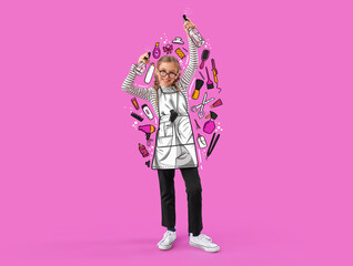 Cute little hairdresser with sprays on magenta background