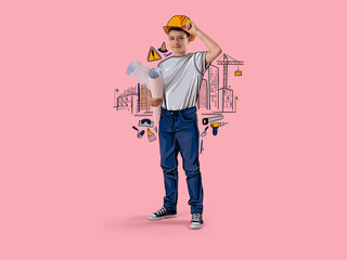 Little architect with house plans on pink background