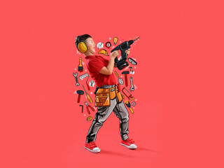 Cute little builder with drill on red background