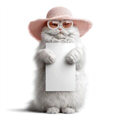 Stylish cat holding blank sign, studio shot, white background, advertising