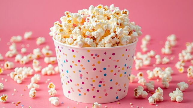 Popcorn overflows from a polka-dotted bucket against a pink backdrop, with scattered kernels and tiny sprinkles adding detail. - Powered by Adobe