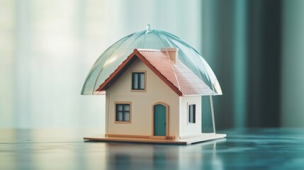 House insurance concept illustration showing a small house protected under a transparent glass dome