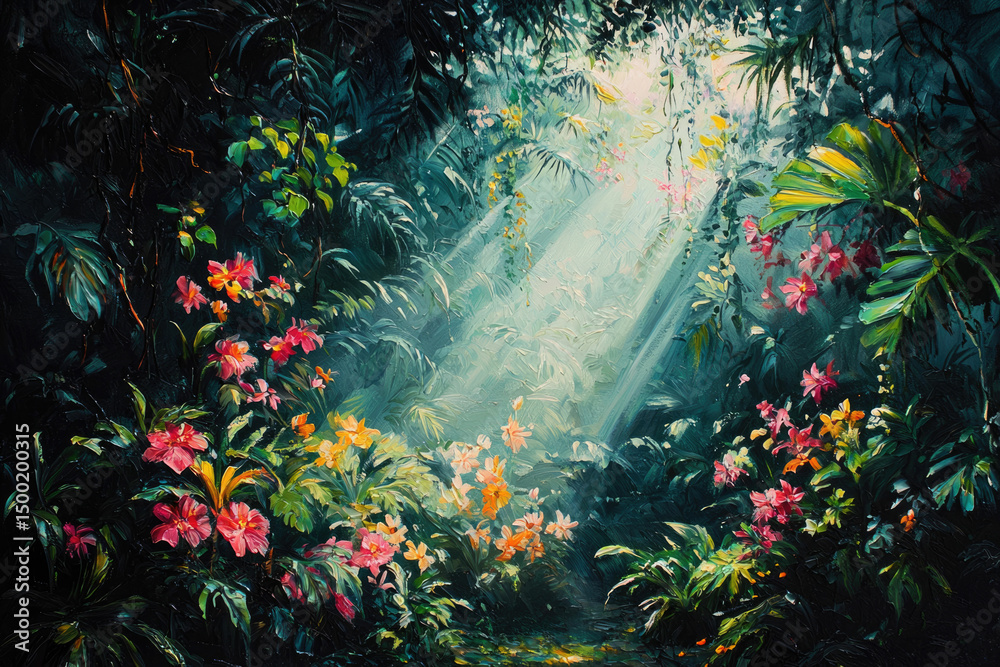 Poster sunbeams illuminate a lush, vibrant rainforest teeming with colorful orchids and tropical foliage.