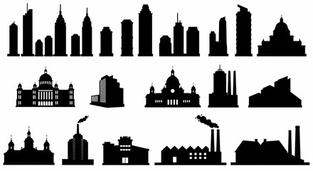 Naklejka premium Silhouettes of various building shapes on white background. Generative AI