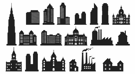 Obraz premium Silhouettes of various building shapes on white background. Generative AI