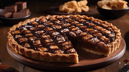 Salted caramel tart sits on a wooden board with chocolate drizzle and flaky salt on top.
