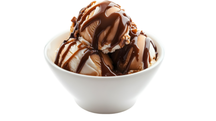 A bowl of ice cream with chocolate sauce on top