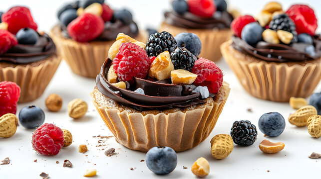 A close-up of a chocolate cupcake with raspberries and nuts on top