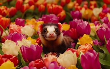 Adorable Ferret Among Colorful Tulips Springtime Pet Flower Image