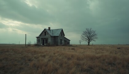 Desolate farmhouse stands field under bleak sky. Abandoned building with weathered wood in rural landscape. Lonely tree, moody, melancholic, cinematic photo evokes sense of loss, decay, isolation,