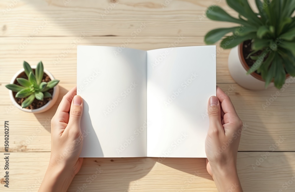 Poster hands holding open blank white brochure mockup. open book with empty pages, two succulent plants on 