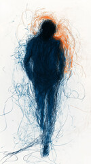Fototapeta premium Scribble line art of a solitary man walking with his head down on a white background. Generative AI