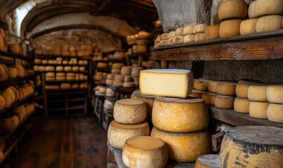 Cheese aging process in a winery setting, showcasing natural maturation. AI generated illustration.