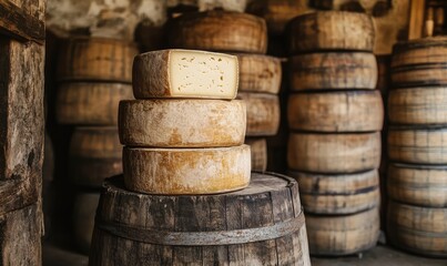 Cheese aging process in a winery setting, showcasing natural maturation. AI generated illustration.