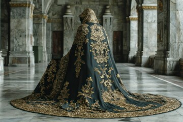 Naklejka premium Elegant Embroidered Cape in Grand Hallway Intricate Gold Patterns on Dark Fabric Historical a