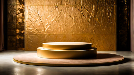Elegant Gold Two Tiered Display Platform Against Golden Wall