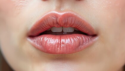 Fototapeta premium Close-up of female lips. Healthy, hydrated lip skin. Glossy lips with natural lip color. Lips close-up, fresh lip, cosmetic product ad, beauty portrait, mouth details.
