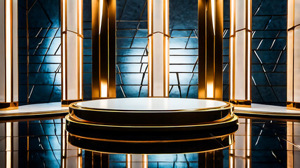Elegant Gold and White Circular Podium with Dark Blue Background