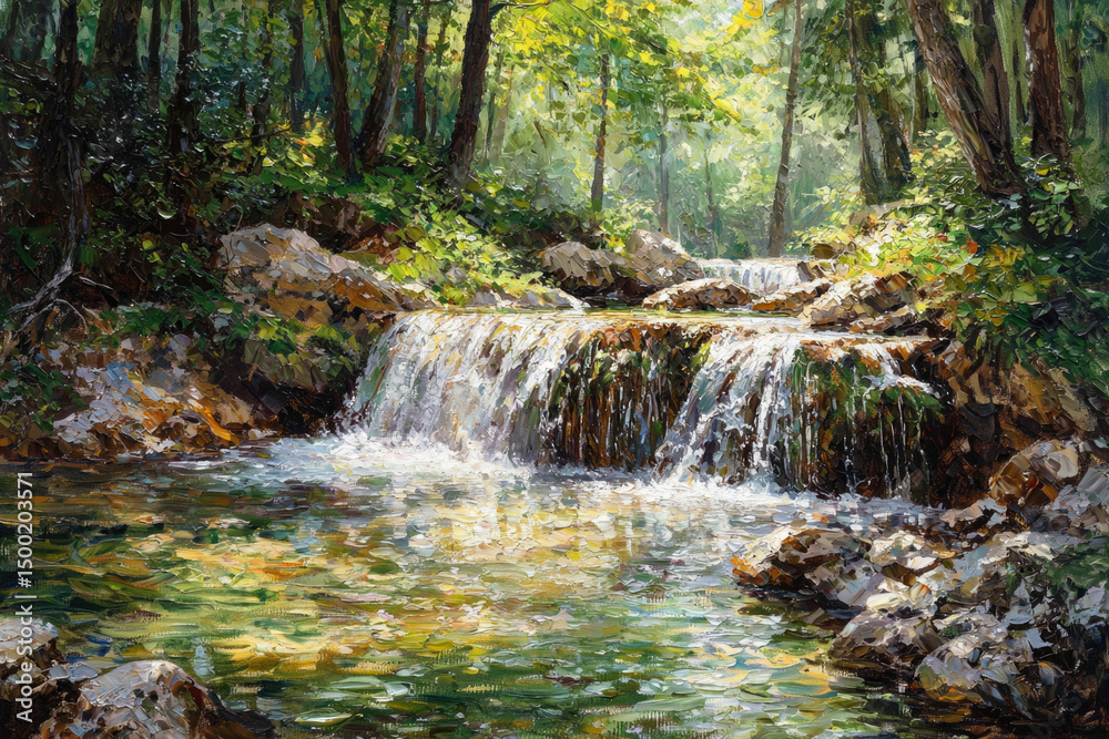 Poster serene forest waterfall cascading over rocks, sunlight filtering through leaves.