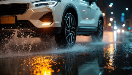 Car drives through puddles after rain at night. Closeup of auto tires and water splash on wet asphalt. Extreme driving in city during a storm. Wet road with car lights reflection.