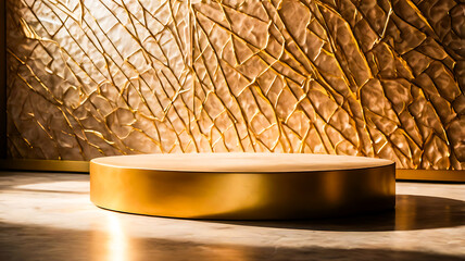 Golden Round Pedestal Against a Textured Gold Wall