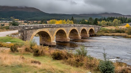 Fototapeta premium Scenic Stone Arch Bridge over River in Autumn Landscape